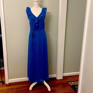 Stunning blue lined dotted Swiss ruffled v-neck dress!